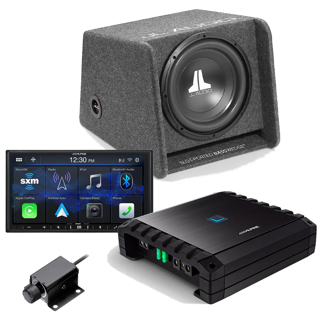 Alpine ILX-407 Digital Multimedia Car Receiver | S2-A60M Mono Amplifier | RUX-KNOB.2 Remote Control | JL Audio CP112-W0V3 12" Subwoofer - #93281 Bundle