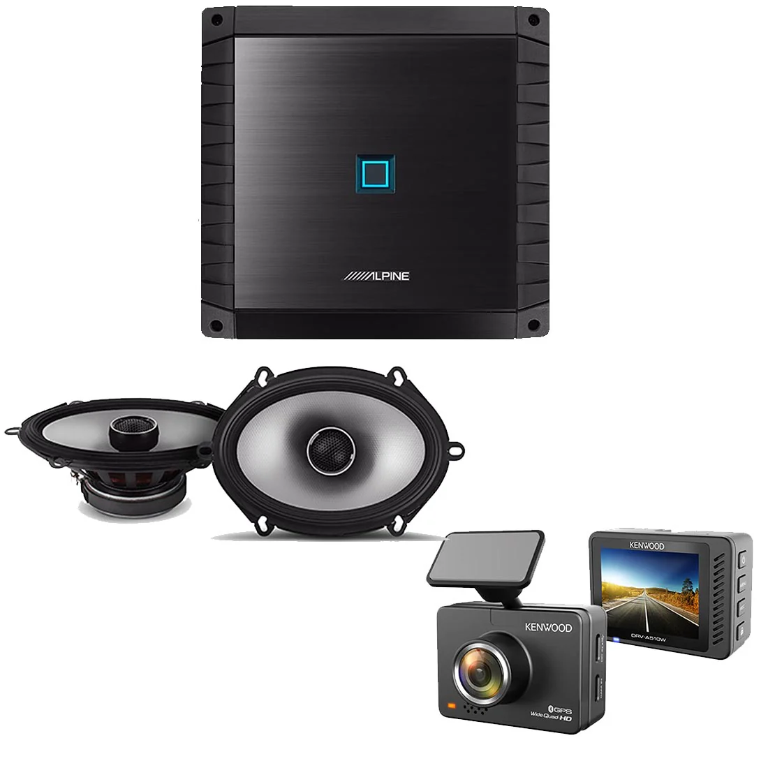 Alpine S2-A36F 4-CH Amplifier | S2-S68 6x8" Speakers | Kenwood DRV-A510W Dash Cam - Bundle