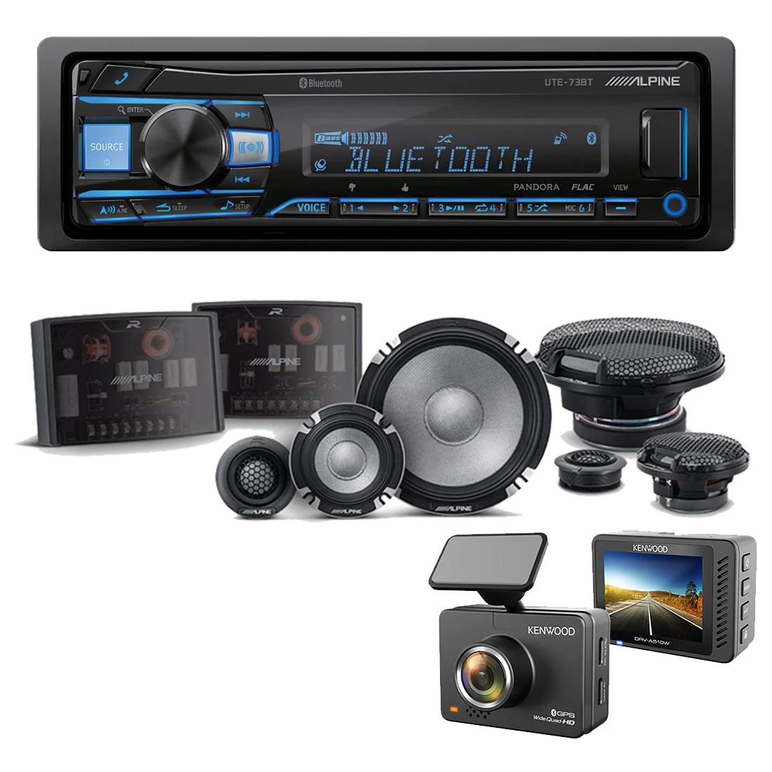 Alpine UTE-73BT Digital Media Receiver | R2-S653 6.5" Component Speaker System | Kenwood DRV-A510W Dash Cam - Bundle