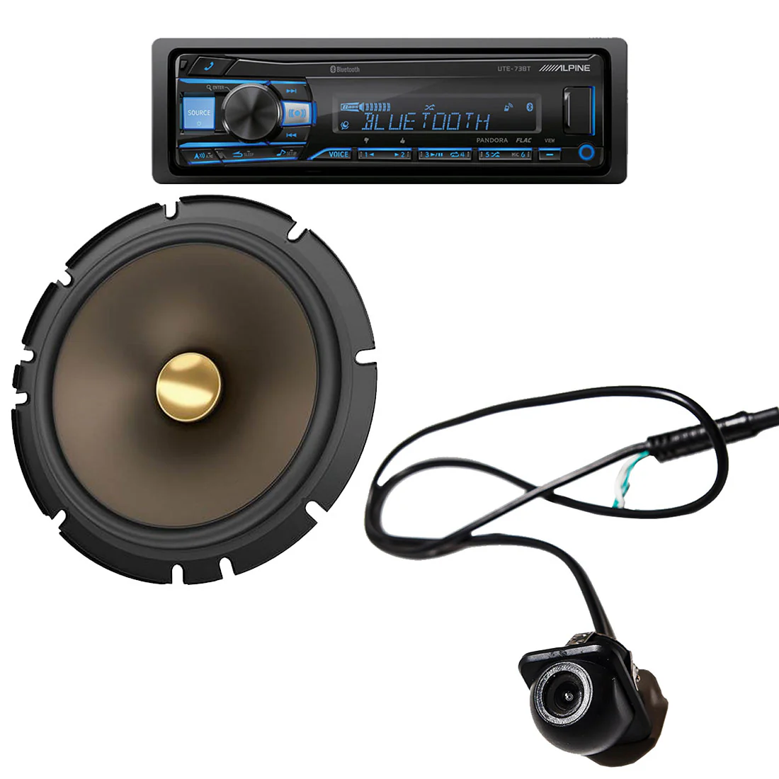 Alpine UTE-73BT Digital Media Receiver | Pioneer TS-A653CH 6.5" Component Speaker System | EchoMaster RVC 5721 Backup Camera - Bundle