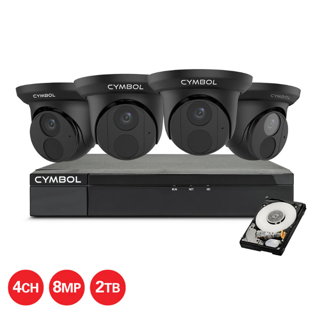 Cymbol 4CH IP Kit With 4 x 8MP Turret Cameras and 4CH 2TB NVR - Black (CYIPKIT448MPBK)