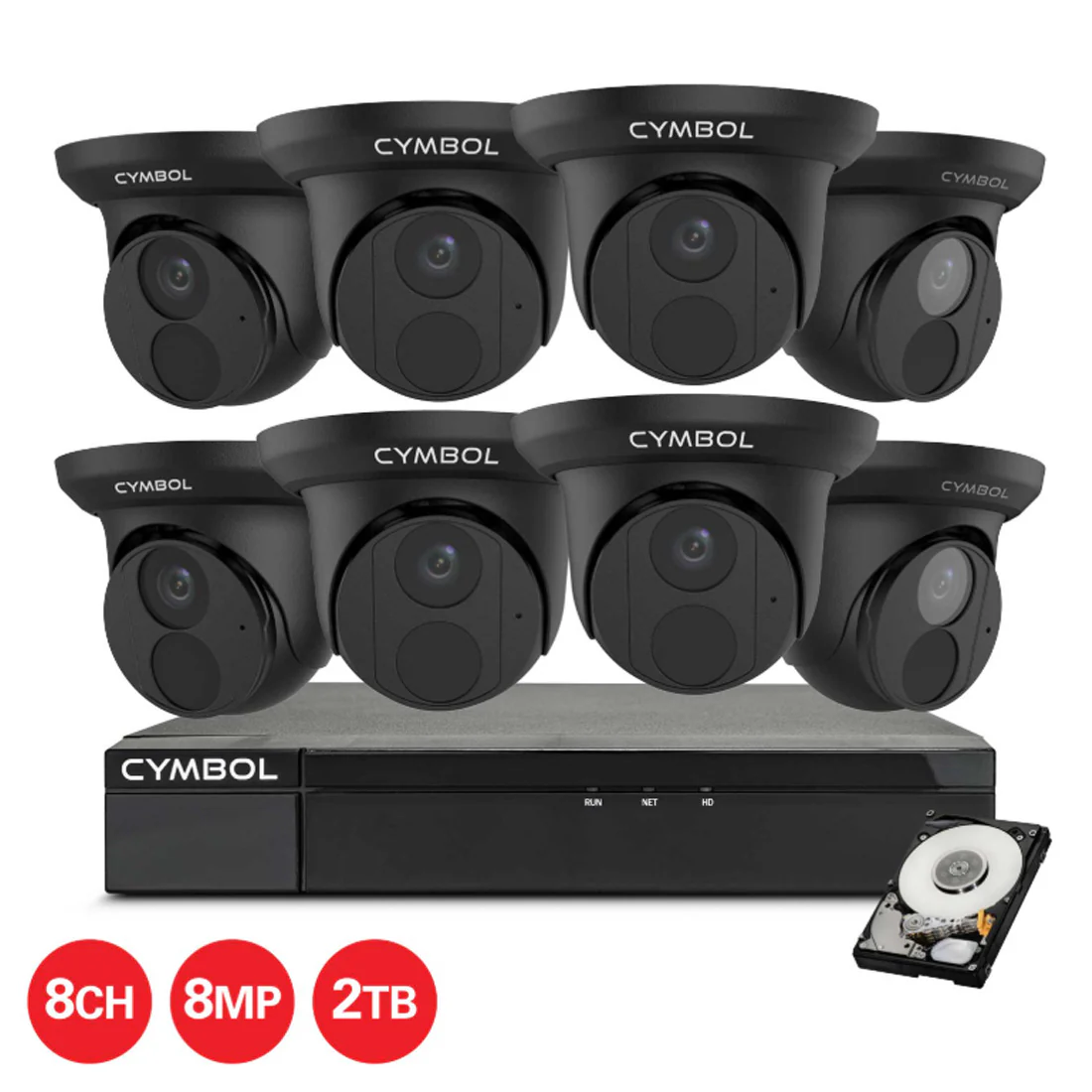 Cymbol 8CH IP Kit With 8 x 8MP Turret Cameras and 8CH 2TB NVR - Black (CYIPKIT888MPBK)