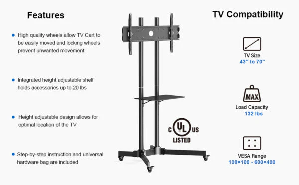 ErgoAV BETCL1-01B Cart for TVs 40" to 75" with Height Adjust (BETCL101B) - Image 8