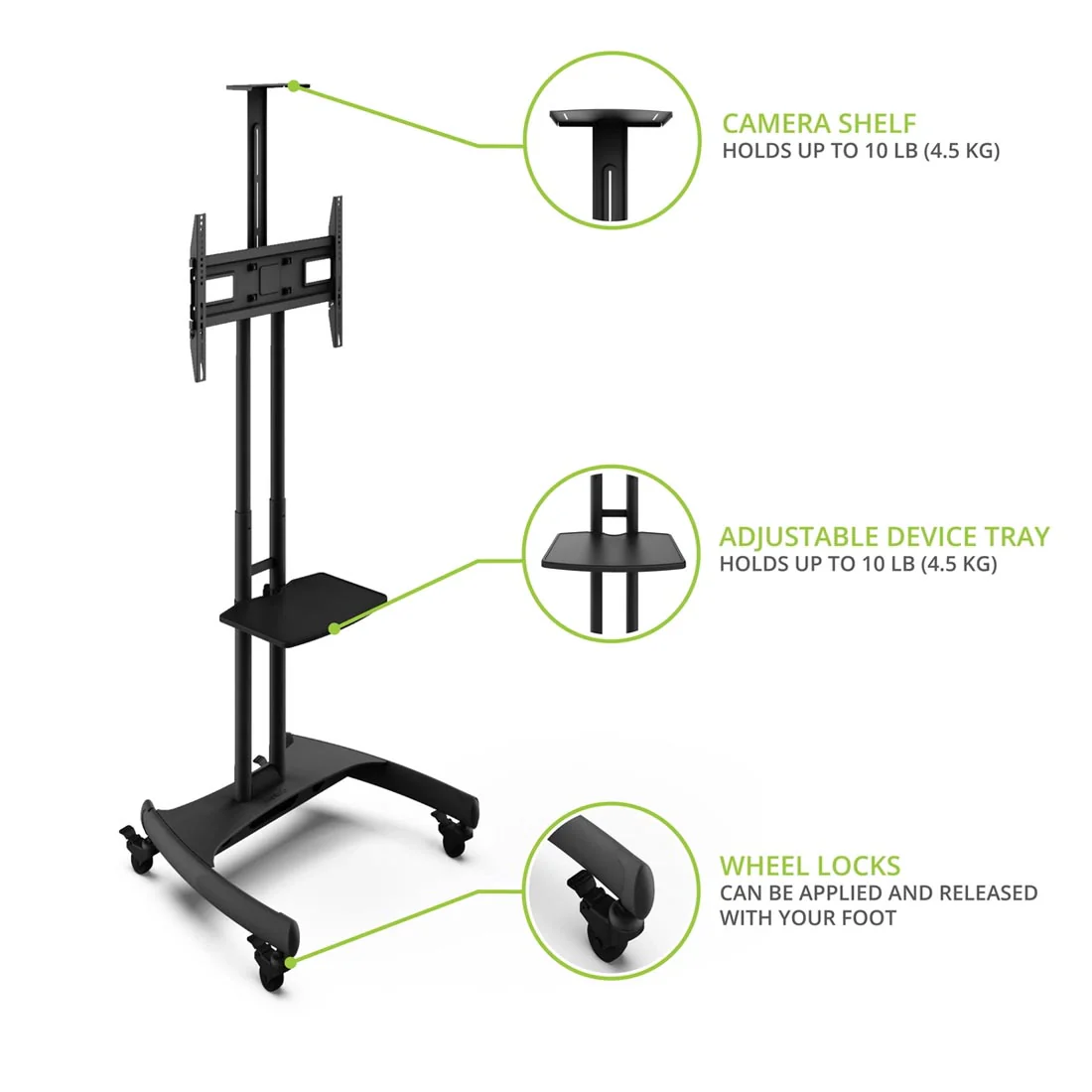 Kanto MTM65PL Rolling TV Cart with Height Adjustment for 37" - 65" TVs - Image 20