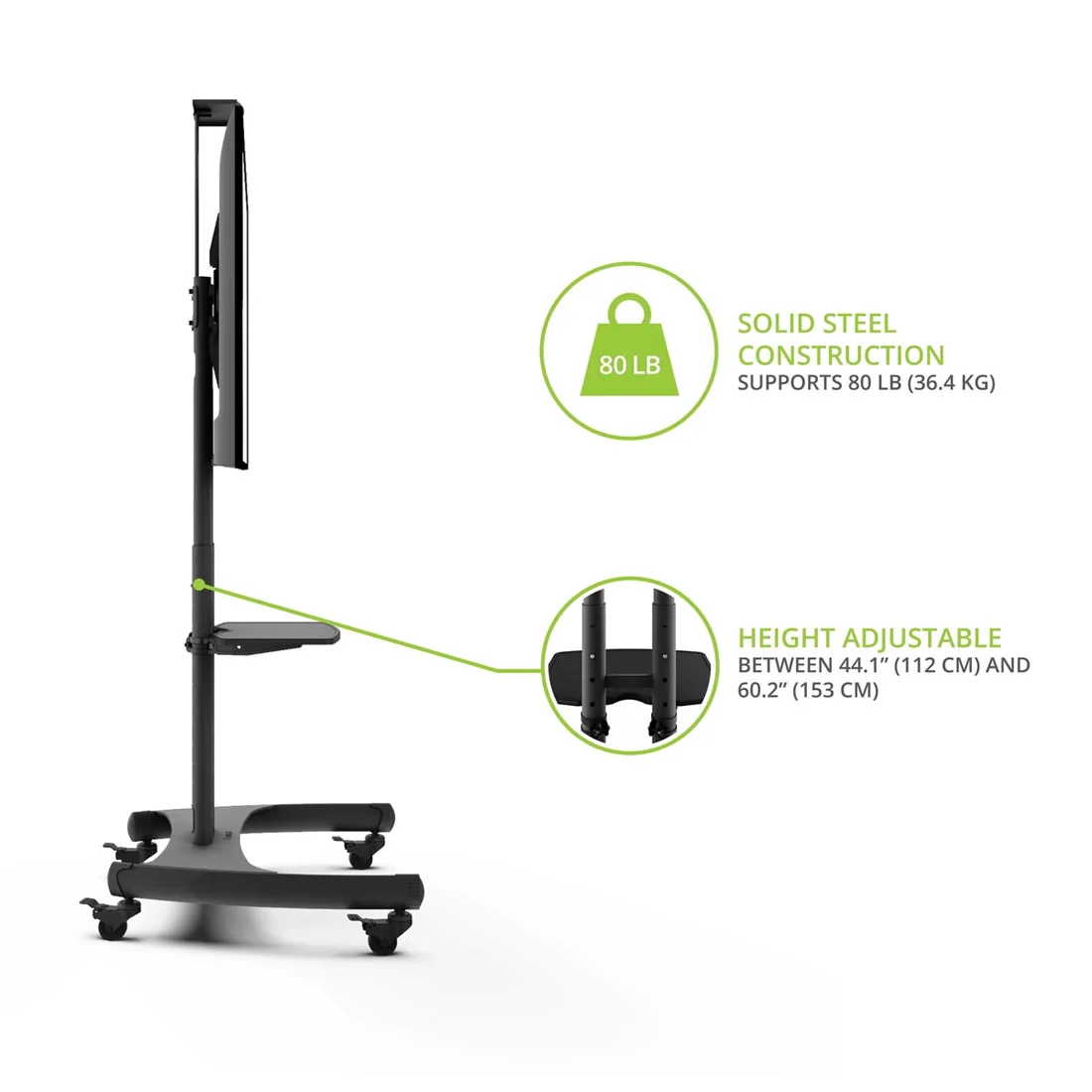 Kanto MTM65PL Rolling TV Cart with Height Adjustment for 37" - 65" TVs - Image 21