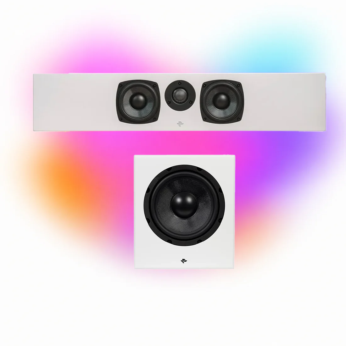 KIN Solo On-Wall Speaker with Dual 4" Woofers | Sub 8 Powered Subwoofer - White - Bundle