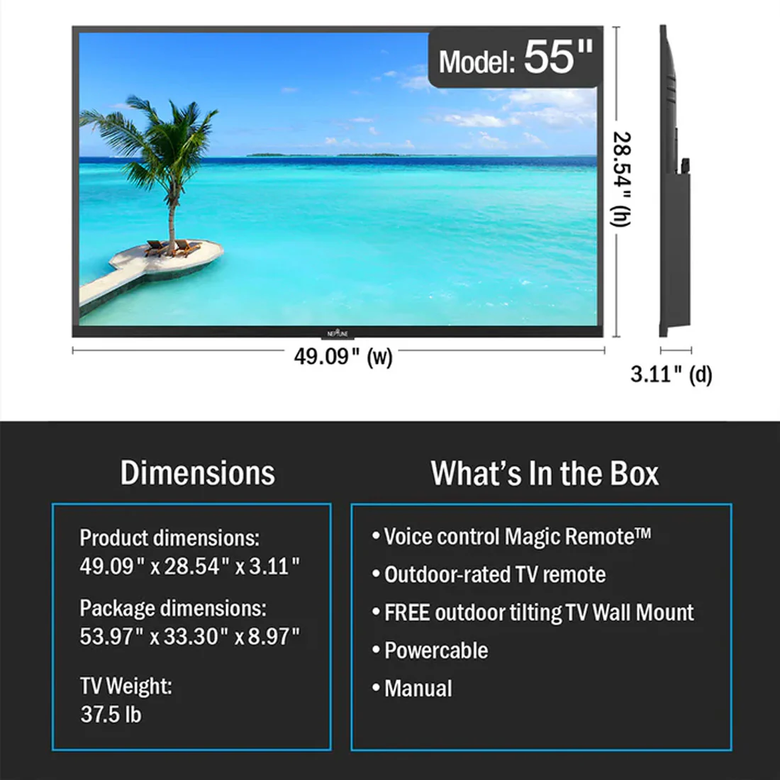 Neptune ODTV5504 55" 4K Full Sun 1500-Nit Outdoor Smart TV with Included Tilting Wall Mount - Image 3