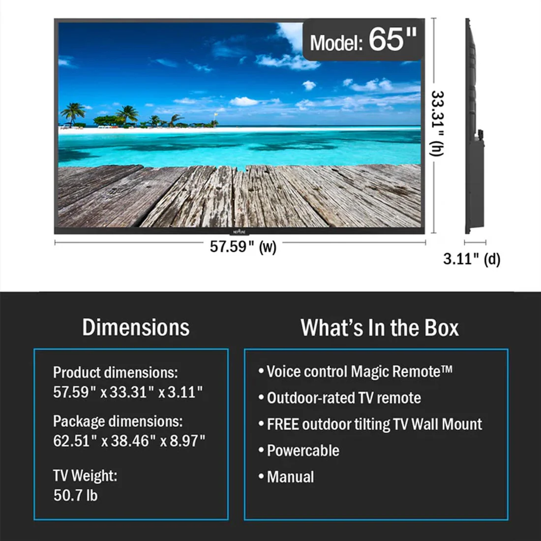Neptune ODTV6504 65" 4K Full Sun 1500-Nit Outdoor Smart TV with Included Tilting Wall Mount - Image 3