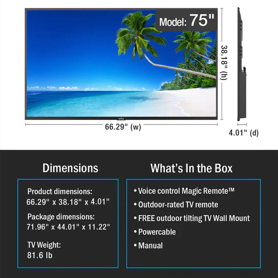 Neptune ODTV7504 75" 4K Full Sun 1500-Nit Outdoor Smart TV with Included Tilting Wall Mount - Image 3