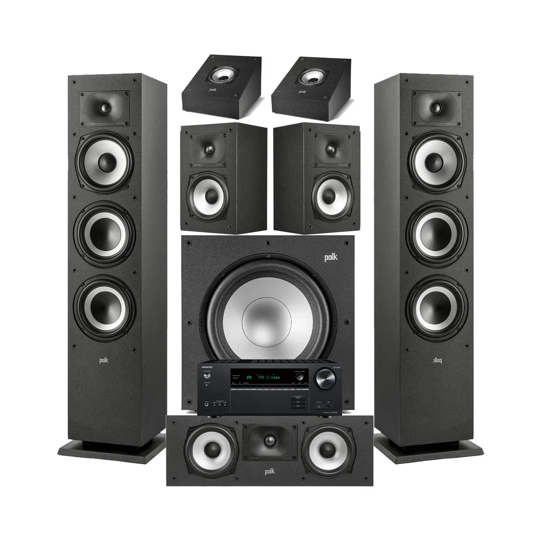 Onkyo TX-NR6100 7.2 Channel Network A/V Receiver | Polk Audio XT60 Floor Standing Speakers| Monitor XT30 Center Channel | XT15 Bookshelf Speakers | XT90 Height Speaker | XT12 12 - Powered Subwoofer - Bundle