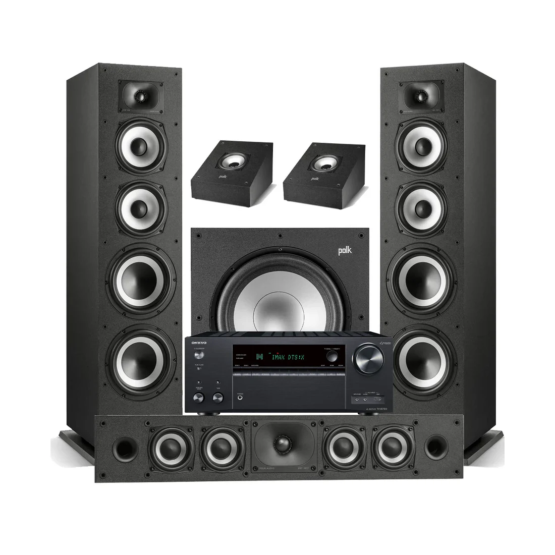 Onkyo TX-NR7100 9.2 Channel Network A/V Receiver | Polk Audio Monitor XT70 Floor Standing Loudspeakers - Pair | XT35 Center Channel | XT90 Height Speaker - Pair | XT12 12 - Subwoofer - Bundle