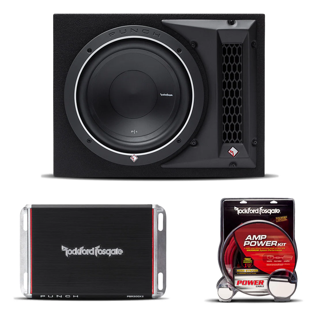 Rockford Fosgate P1-1X10-BUNDLE 10" Loaded Subwoofer Enclosure | PBR300X2 300 W 2-Channel Amplifier | RFK8I 8 AWG Installation Kit (P11X10BUNDLE)